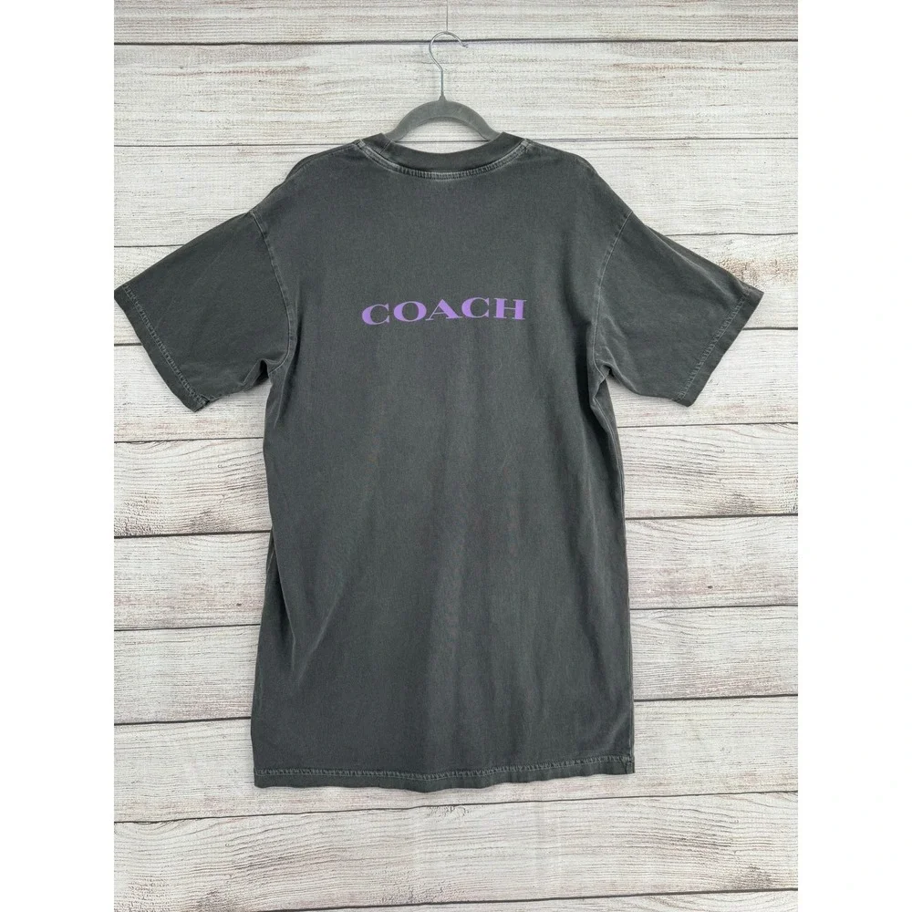 Coach Graphic T-Shirt Women XS Charcoal Purple Teddy Bear Heart Oversized